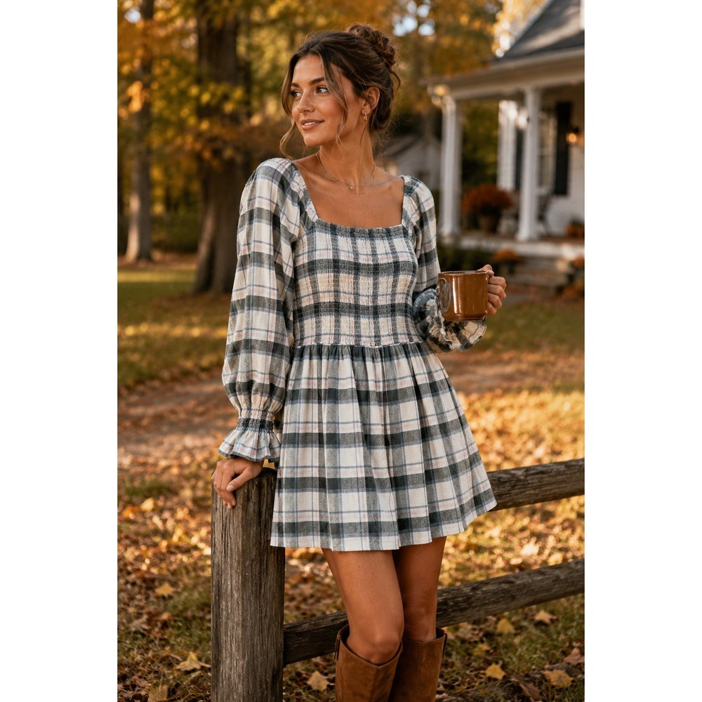 Madewell Lucie Elbow Sleeve Smocked Mini Dress Lebaum Plaid Antique Cream XL EUC